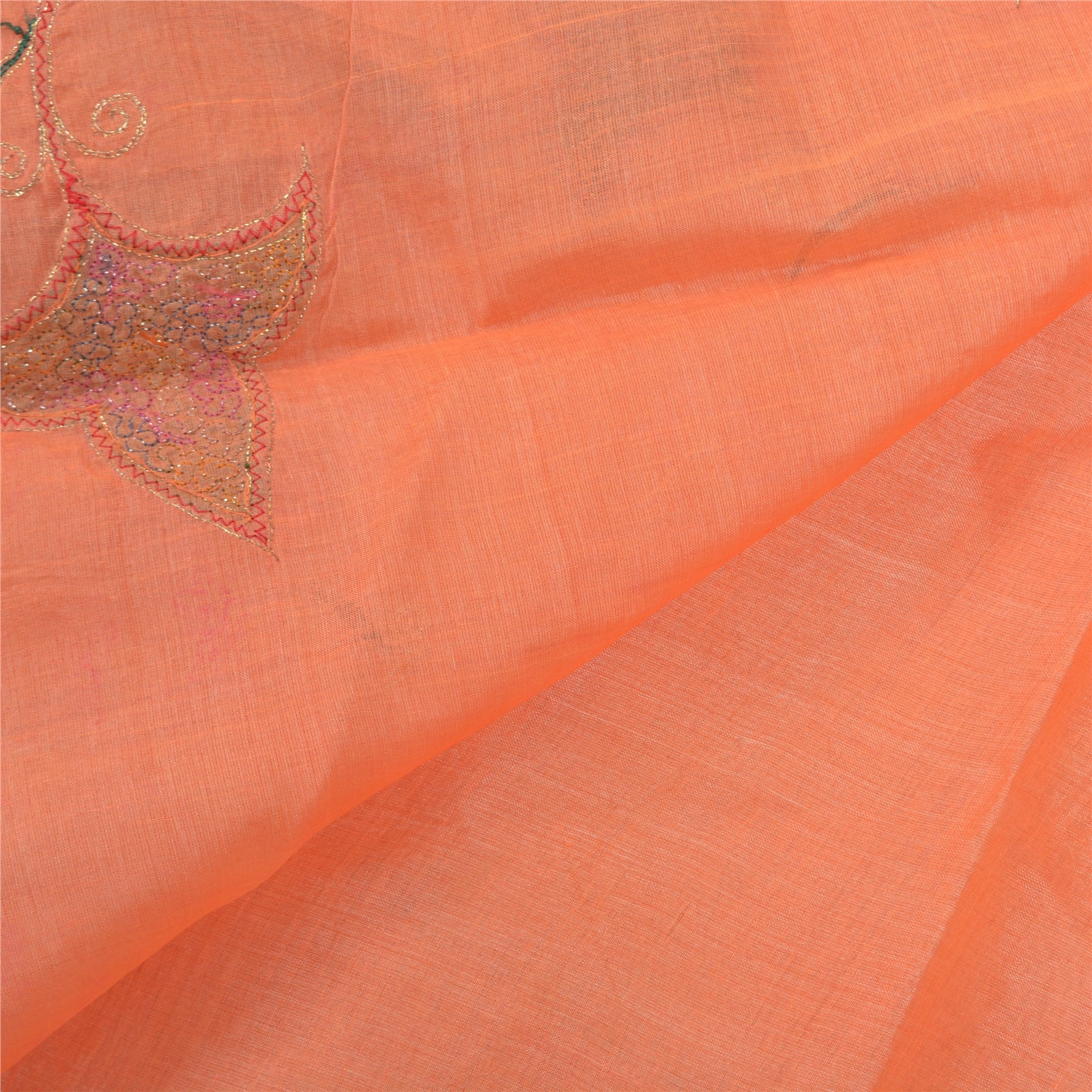 Sanskriti Vintage Peach Silk Pure Sari Fabric: Hand Embroidered Indian Saree, 5yd Add-Elegance to Table Linen, Curtains, or Cushions