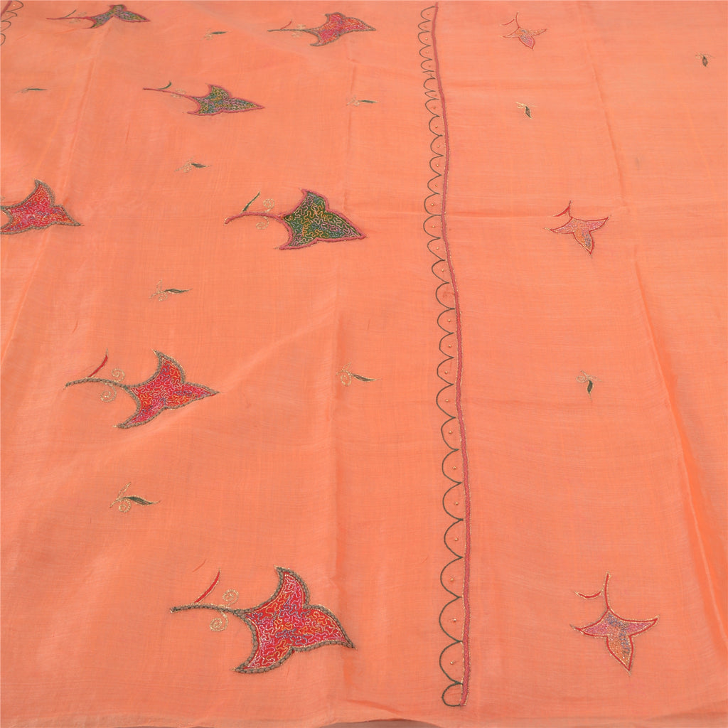 Sanskriti Vintage Peach Silk Pure Sari Fabric: Hand Embroidered Indian Saree, 5yd Add-Elegance to Table Linen, Curtains, or Cushions
