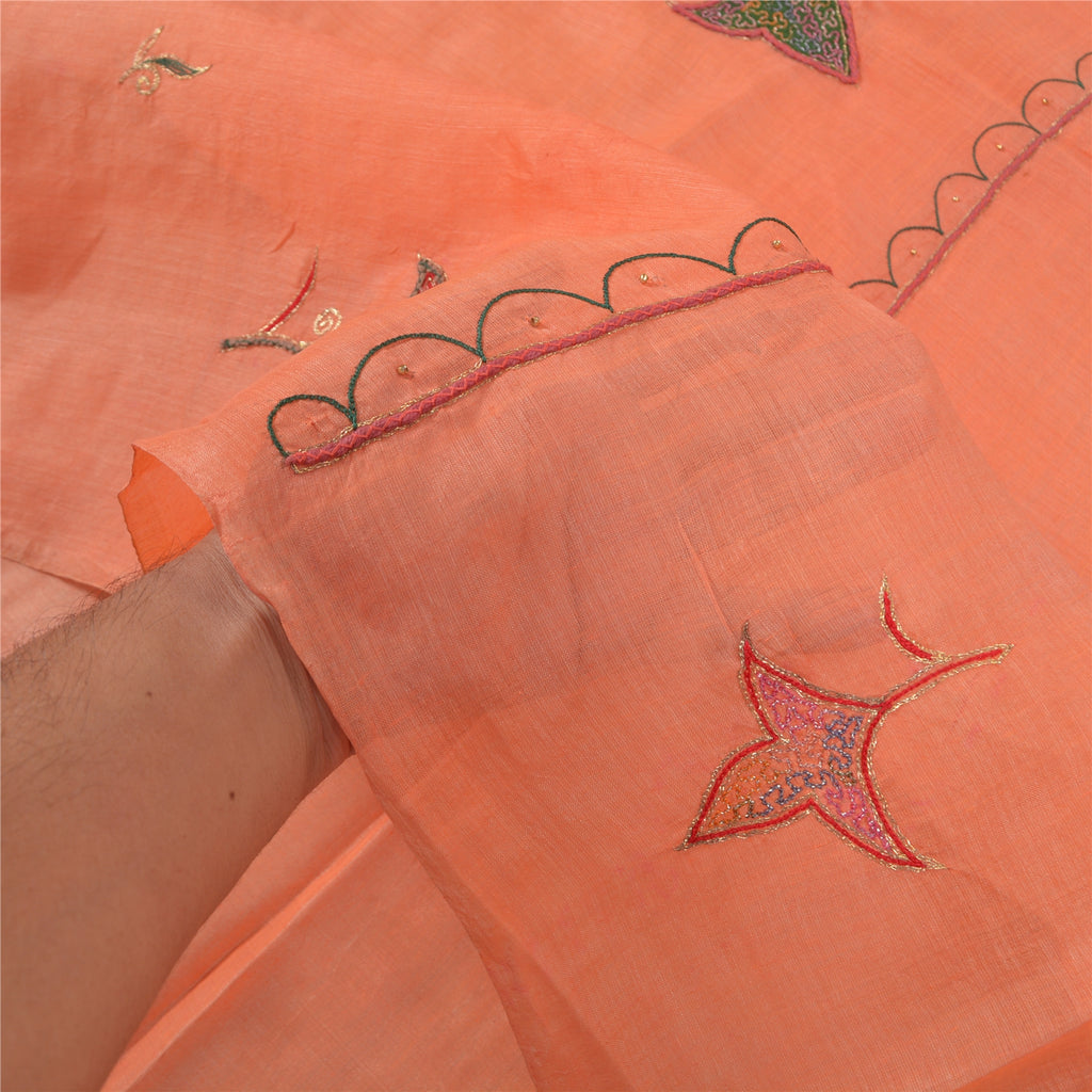 Sanskriti Vintage Peach Silk Pure Sari Fabric: Hand Embroidered Indian Saree, 5yd Add-Elegance to Table Linen, Curtains, or Cushions