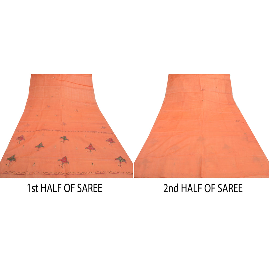 Sanskriti Vintage Peach Silk Pure Sari Fabric: Hand Embroidered Indian Saree, 5yd Add-Elegance to Table Linen, Curtains, or Cushions