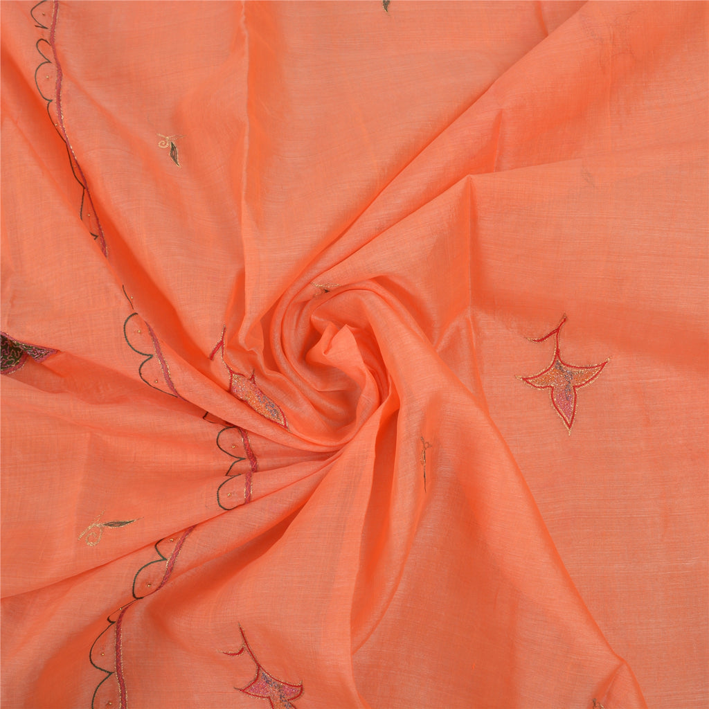 Sanskriti Vintage Peach Silk Pure Sari Fabric: Hand Embroidered Indian Saree, 5yd Add-Elegance to Table Linen, Curtains, or Cushions
