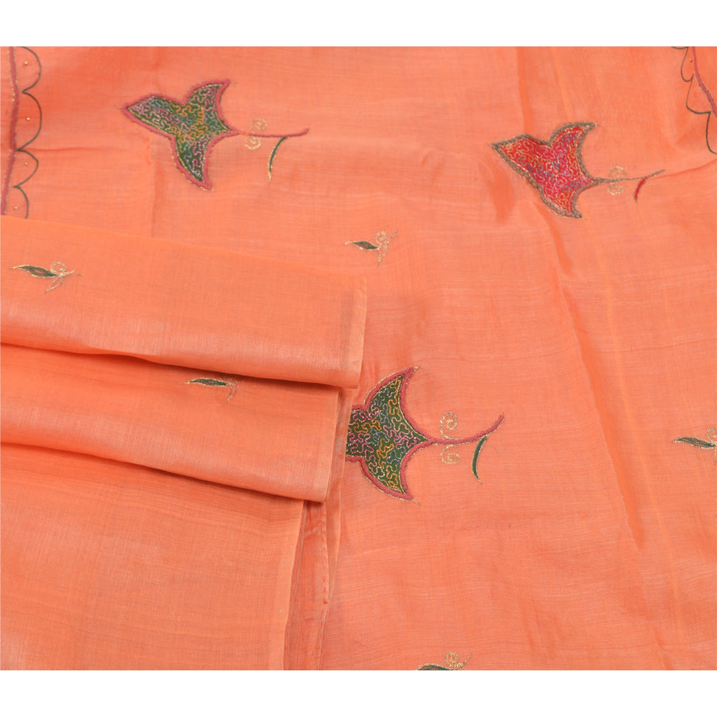 Sanskriti Vintage Peach Silk Pure Sari Fabric: Hand Embroidered Indian Saree, 5yd Add-Elegance to Table Linen, Curtains, or Cushions