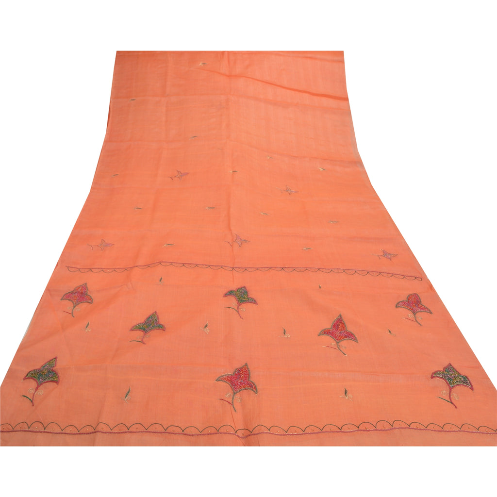 Sanskriti Vintage Peach Silk Pure Sari Fabric: Hand Embroidered Indian Saree, 5yd Add-Elegance to Table Linen, Curtains, or Cushions