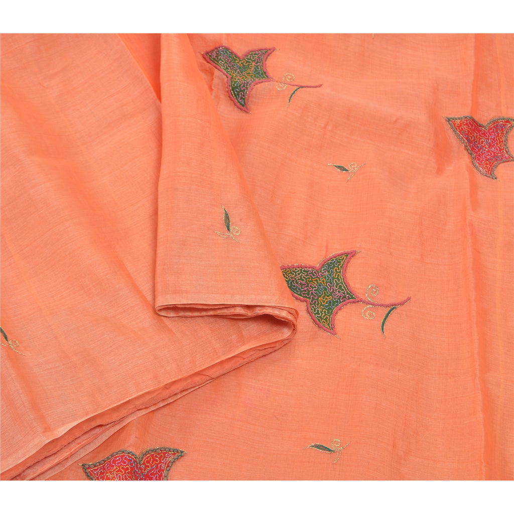 Sanskriti Vintage Peach Silk Pure Sari Fabric: Hand Embroidered Indian Saree, 5yd Add-Elegance to Table Linen, Curtains, or Cushions