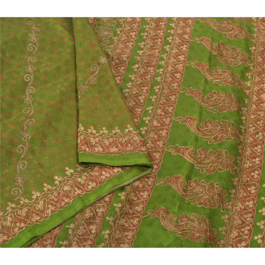 Sanskriti Vintage Green Sarees 100% Pure Silk Hand Embroidered Sari Zari Sustainable Fabric