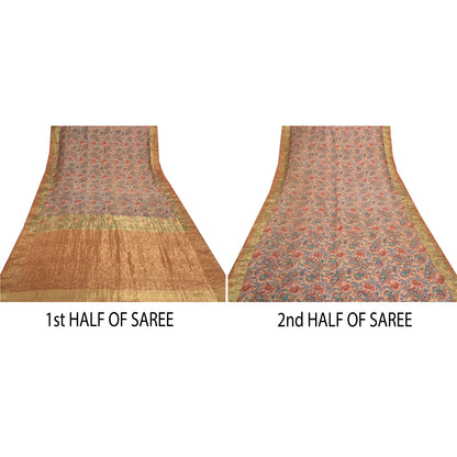 Sanskriti Vintage Beige Sarees 100% Pure Silk Woven Zari Sari Premium Sustainable Fabric