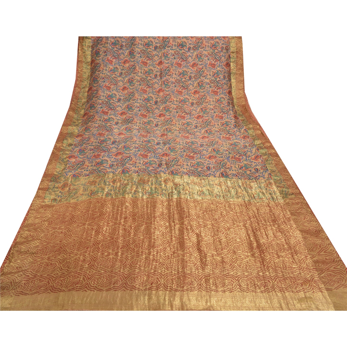 Sanskriti Vintage Beige Sarees 100% Pure Silk Woven Zari Sari Premium Sustainable Fabric