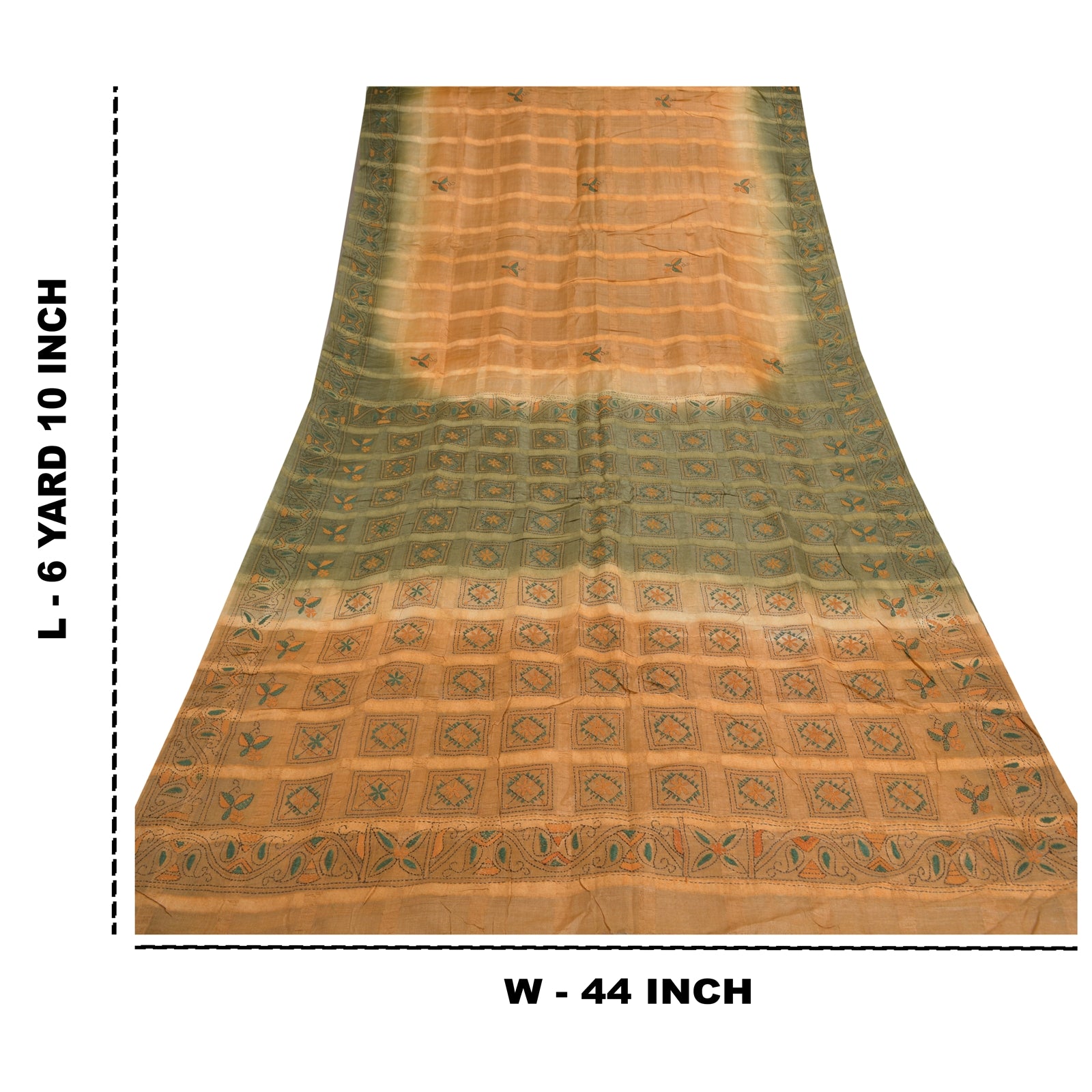 Sanskriti Vintage Kantha Sari: Hand Embroidered Pure Silk Bengal Fabric, Beige & Green, 6 YD Create- Upcycled Sarongs, Scarves, Stoles