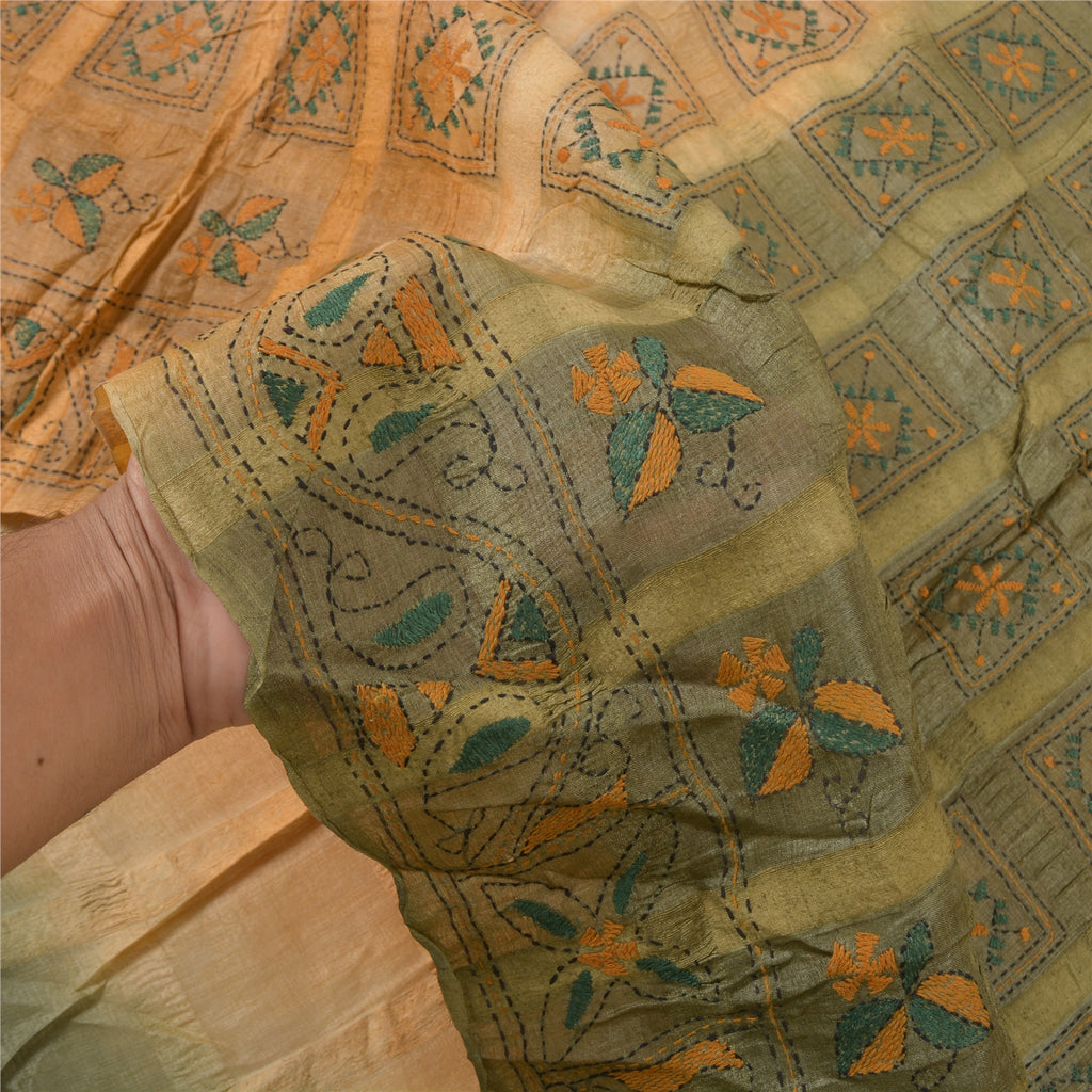 Sanskriti Vintage Kantha Sari: Hand Embroidered Pure Silk Bengal Fabric, Beige & Green, 6 YD Create- Upcycled Sarongs, Scarves, Stoles