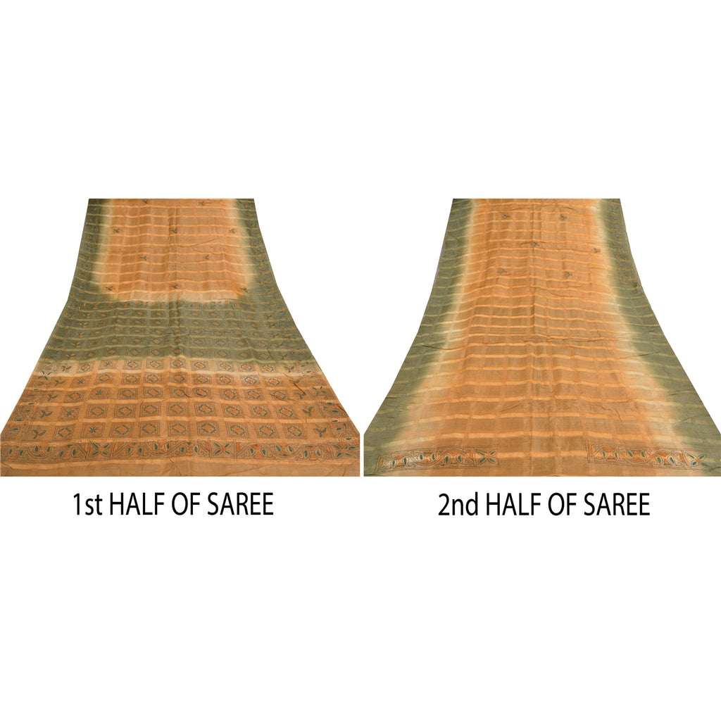 Sanskriti Vintage Kantha Sari: Hand Embroidered Pure Silk Bengal Fabric, Beige & Green, 6 YD Create- Upcycled Sarongs, Scarves, Stoles