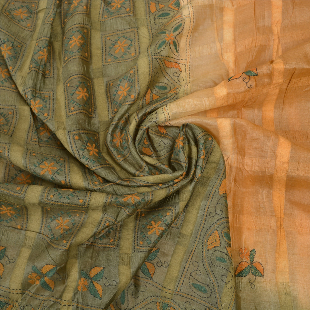 Sanskriti Vintage Kantha Sari: Hand Embroidered Pure Silk Bengal Fabric, Beige & Green, 6 YD Create- Upcycled Sarongs, Scarves, Stoles