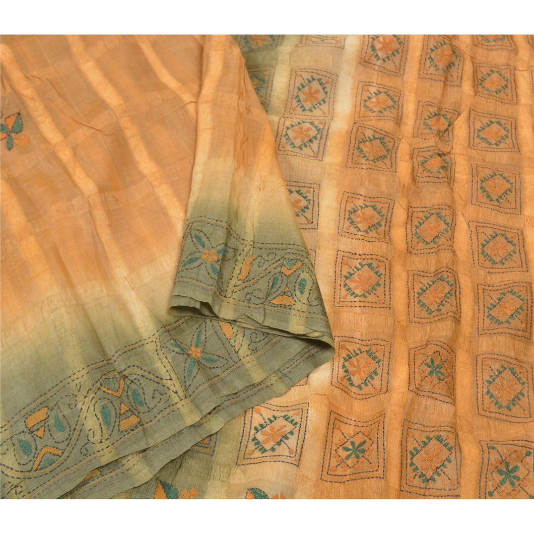 Sanskriti Vintage Beige Sarees Pure Silk Sari Hand Embroidered Kantha Fabric