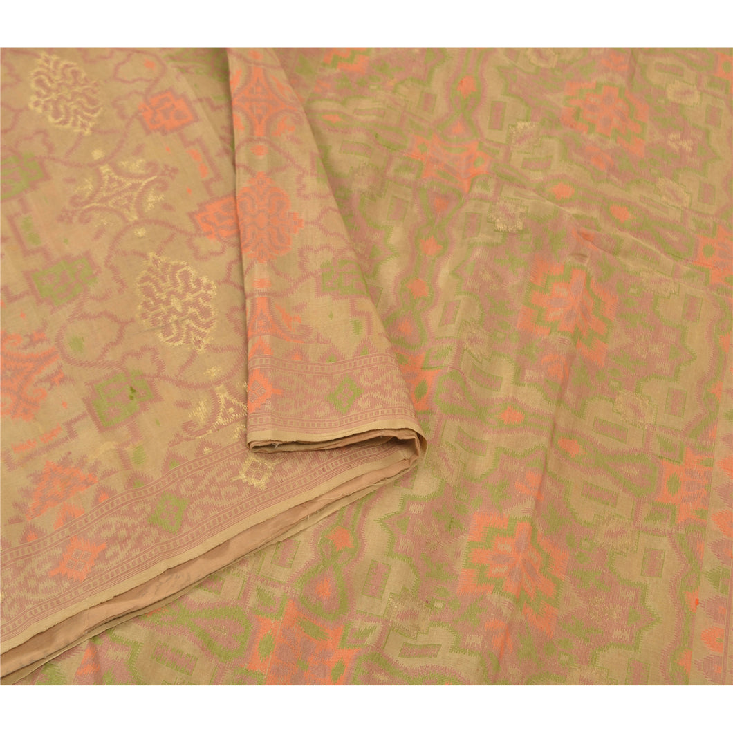 Sanskriti Vintage Beige Sarees Pure Silk Hand-Woven Tanchoi Sari Premium Fabric