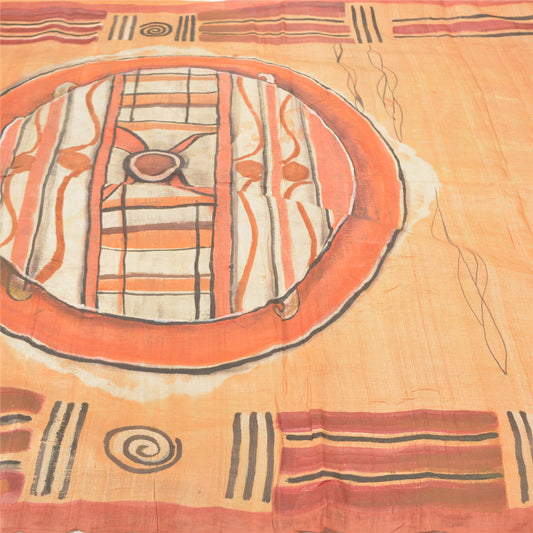 Sanskriti Vintage Peach Sarees 100% Pure Silk Hand- Painted 5 Yard Sari Sustainable Fabric