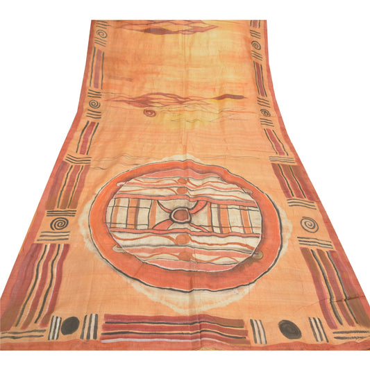Sanskriti Vintage Peach Sarees 100% Pure Silk Hand- Painted 5 Yard Sari Sustainable Fabric