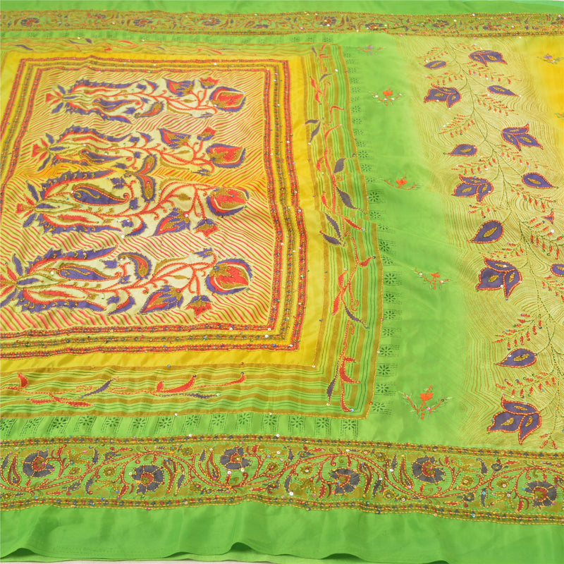 Sanskriti Vintage Green Indian Sarees Crepe Silk Sari Hand Beaded Kantha Sustainable Fabric