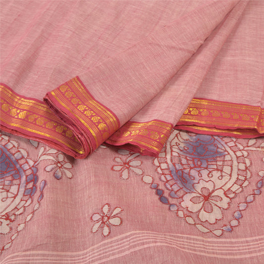 Sanskriti Vintage Pink Sarees Pure Cotton Embroidered Indian Sari Craft Sustainable Fabric
