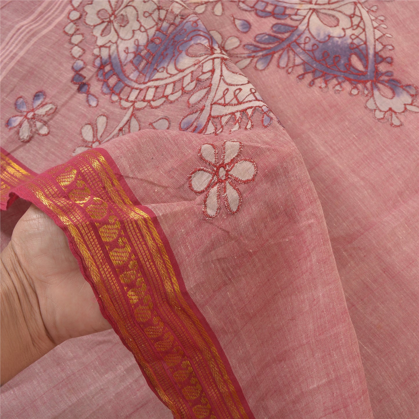 Санскритские винтажные розовые сари из чистого хлопка с вышивкой, индийское сари, ремесло, устойчивая ткань