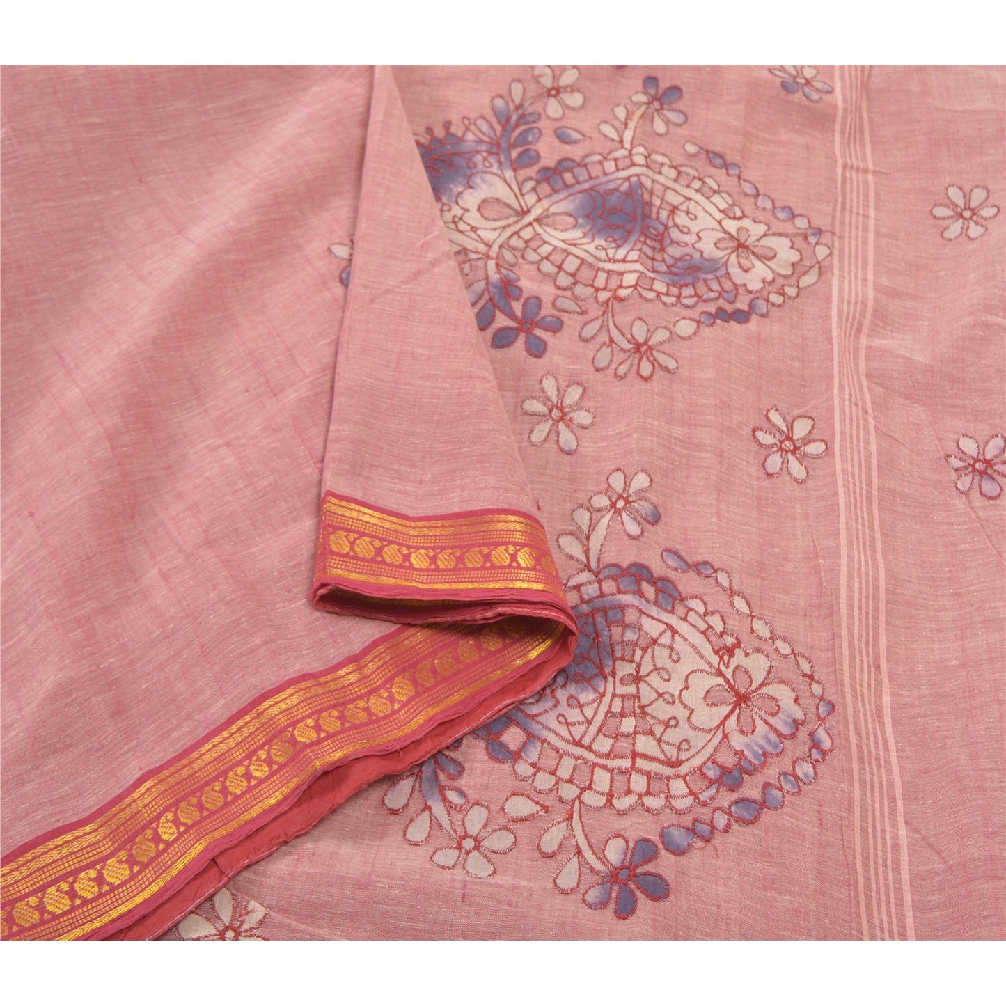 Санскритские винтажные розовые сари из чистого хлопка с вышивкой, индийское сари, ремесло, устойчивая ткань