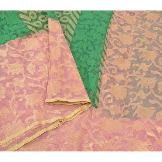 Sanskriti Vintage Green Sarees Net Mesh Woven Sari Premium 5 Yard Sustainable Fabric