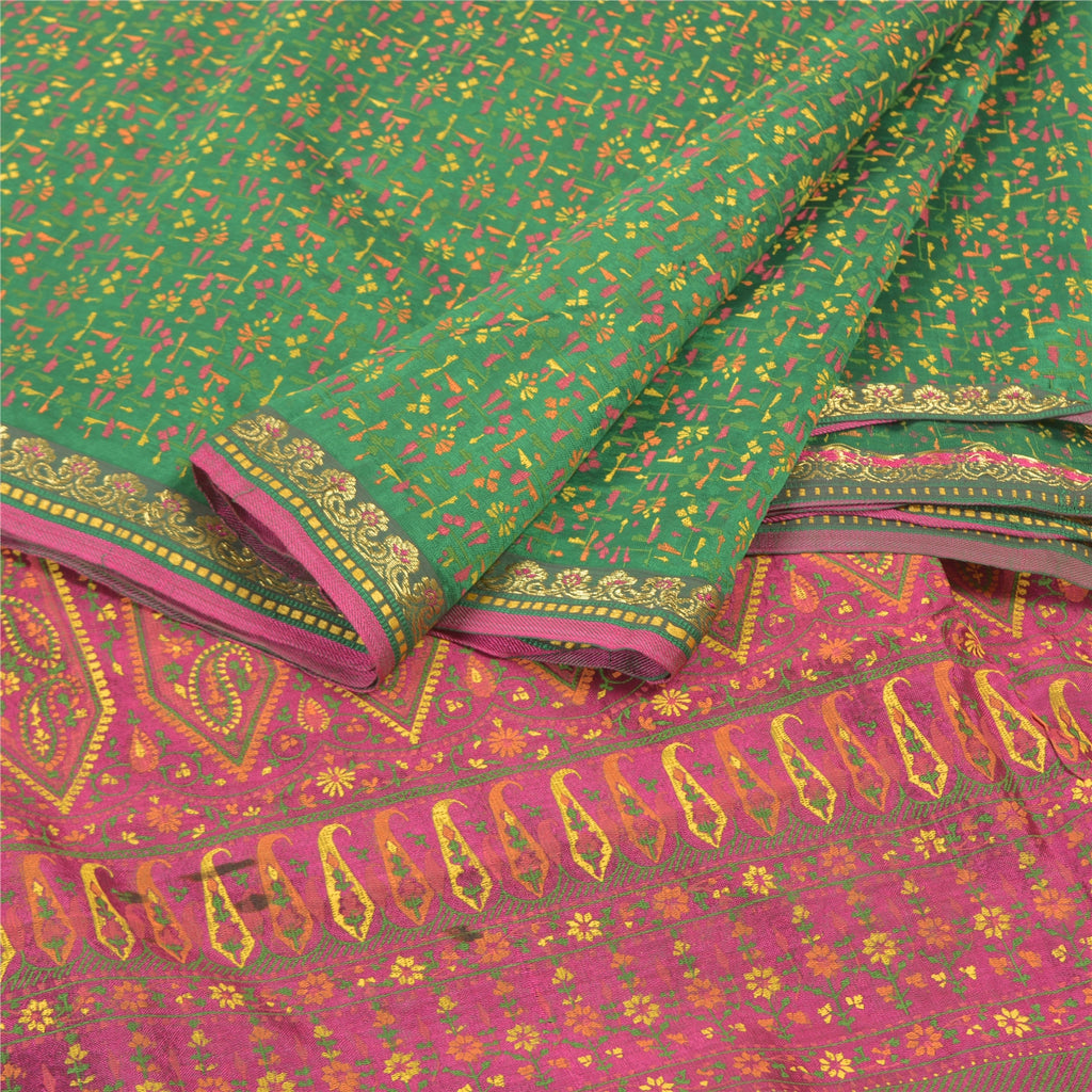 Sanskriti Vintage Pure Silk Sari Fabric: Green & Pink Floral Paisley Print, 5yd Crafters, Upcyclers, Indian Eco-Friendly Craft Sewing