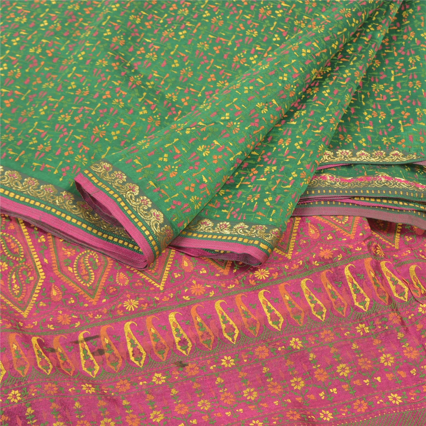 Sanskriti Vintage Green Sarees Pure Silk Green Painted Sari Premium Sustainable Fabric
