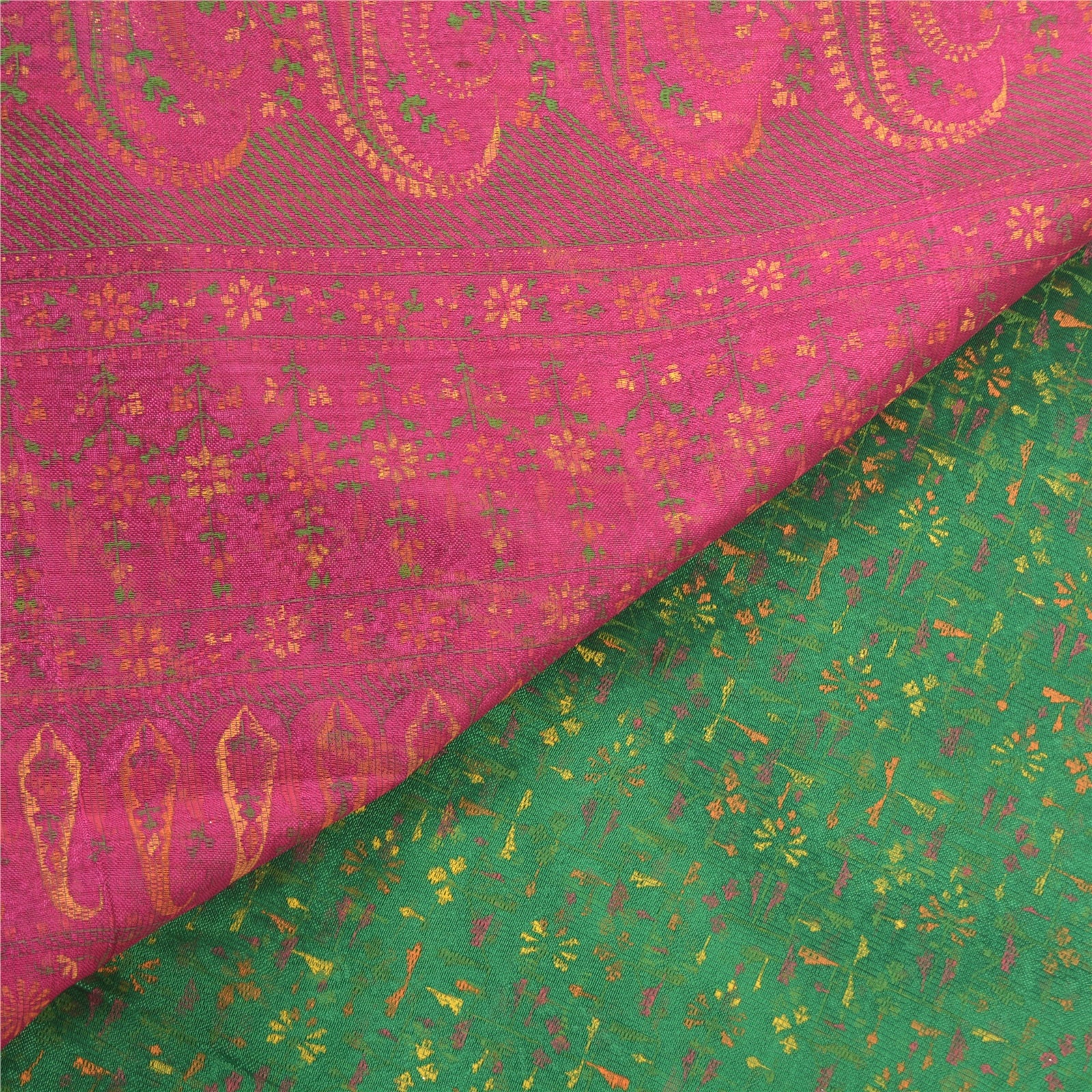 Sanskriti Vintage Pure Silk Sari Fabric: Green & Pink Floral Paisley Print, 5yd Crafters, Upcyclers, Indian Eco-Friendly Craft Sewing