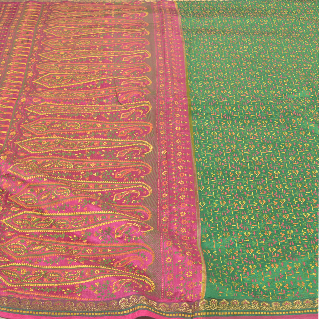 Sanskriti Vintage Pure Silk Sari Fabric: Green & Pink Floral Paisley Print, 5yd Crafters, Upcyclers, Indian Eco-Friendly Craft Sewing