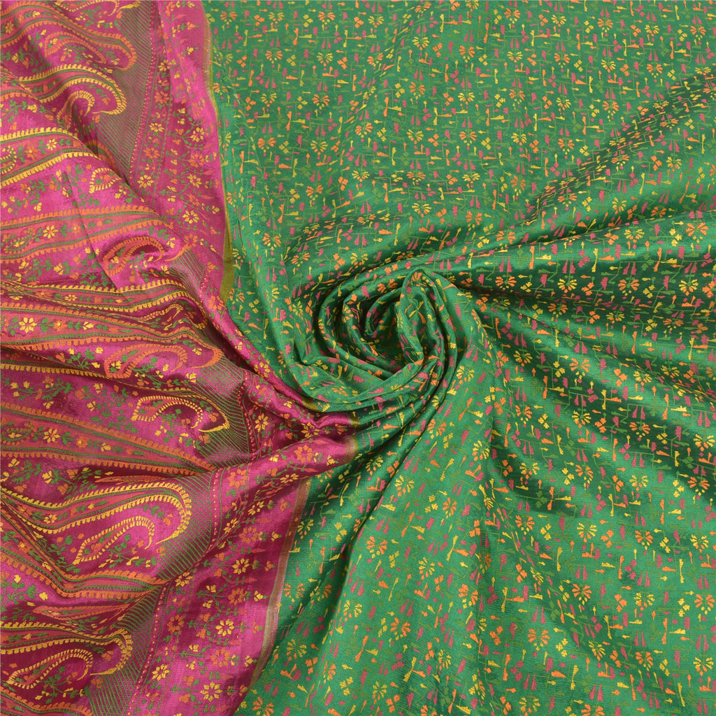Sanskriti Vintage Pure Silk Sari Fabric: Green & Pink Floral Paisley Print, 5yd Crafters, Upcyclers, Indian Eco-Friendly Craft Sewing