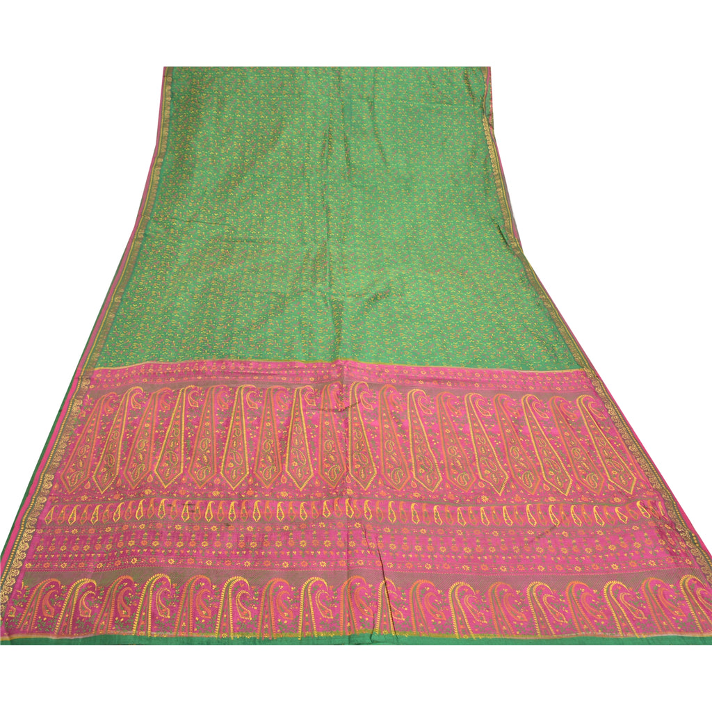 Sanskriti Vintage Pure Silk Sari Fabric: Green & Pink Floral Paisley Print, 5yd Crafters, Upcyclers, Indian Eco-Friendly Craft Sewing