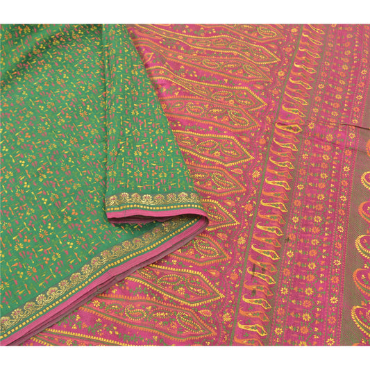 Sanskriti Vintage Green Sarees Pure Silk Green Painted Sari Premium Sustainable Fabric