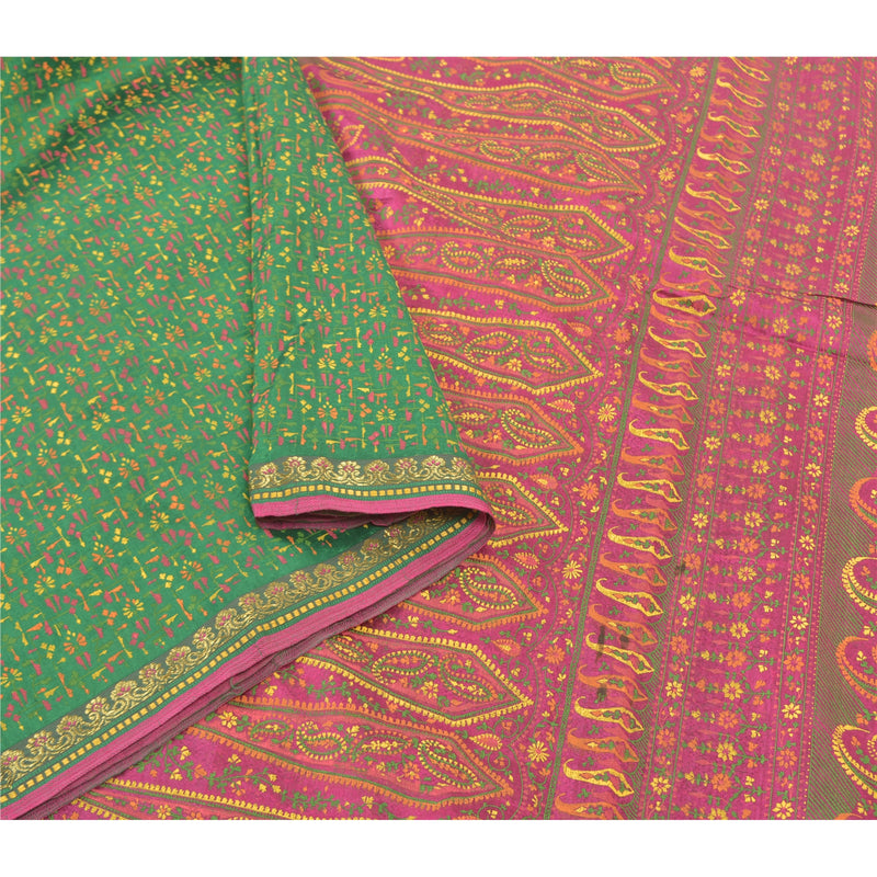 Sanskriti Vintage Pure Silk Sari Fabric: Green & Pink Floral Paisley Print, 5yd Crafters, Upcyclers, Indian Eco-Friendly Craft Sewing