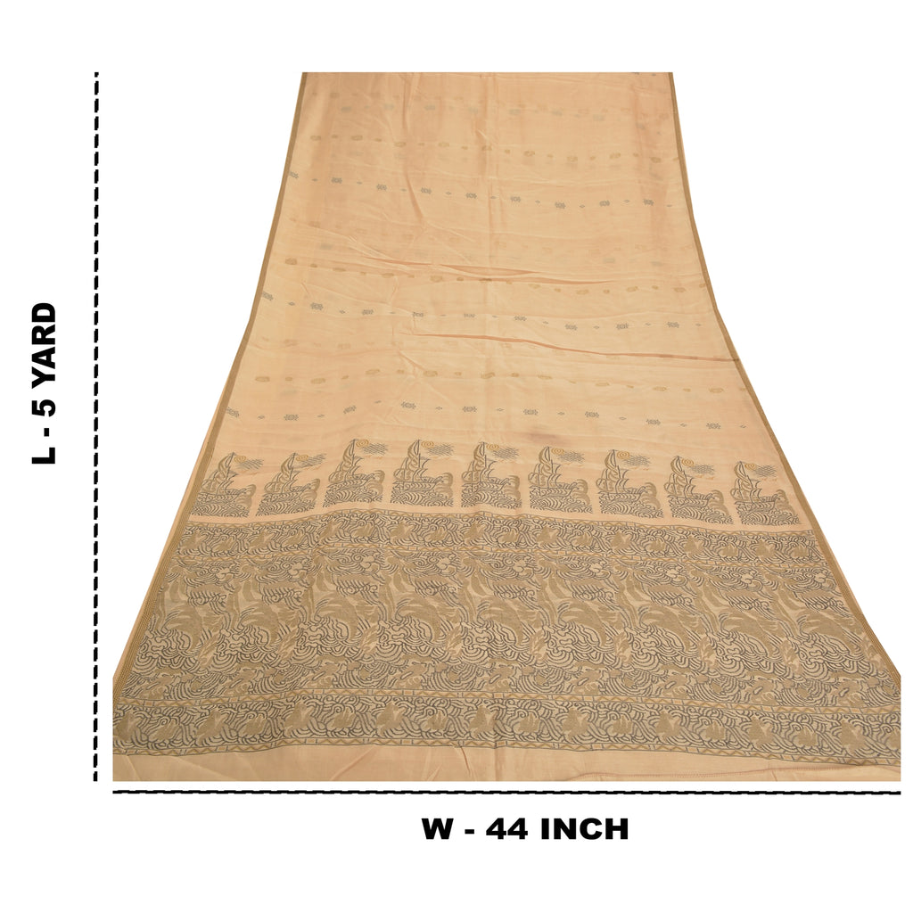 Sanskriti Vintage Beige Indian Sari 100% Pure Silk Woven Premium Sarees Sustainable Fabric