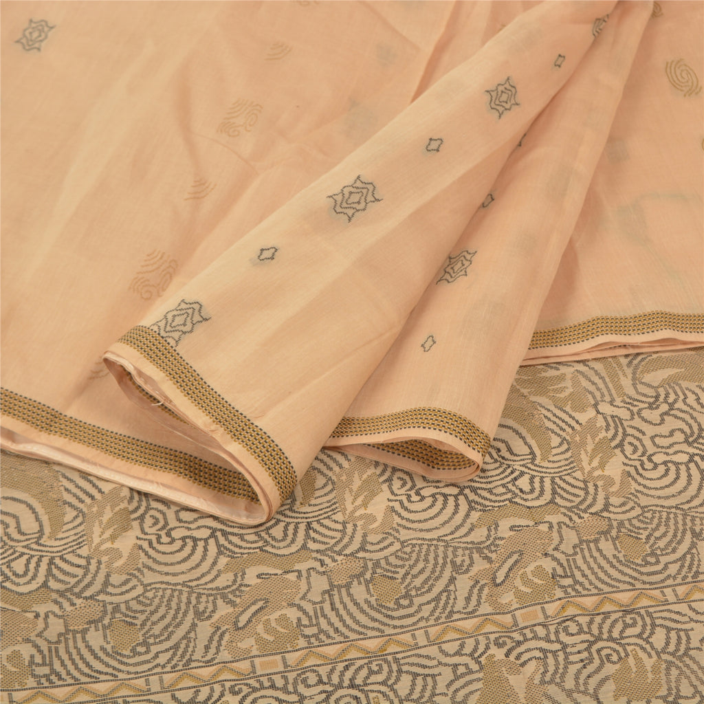 Sanskriti Vintage Beige Indian Sari 100% Pure Silk Woven Premium Sarees Sustainable Fabric