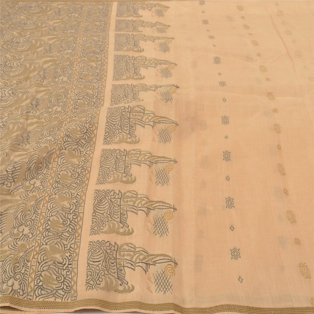 Sanskriti Vintage Beige Indian Sari 100% Pure Silk Woven Premium Sarees Sustainable Fabric