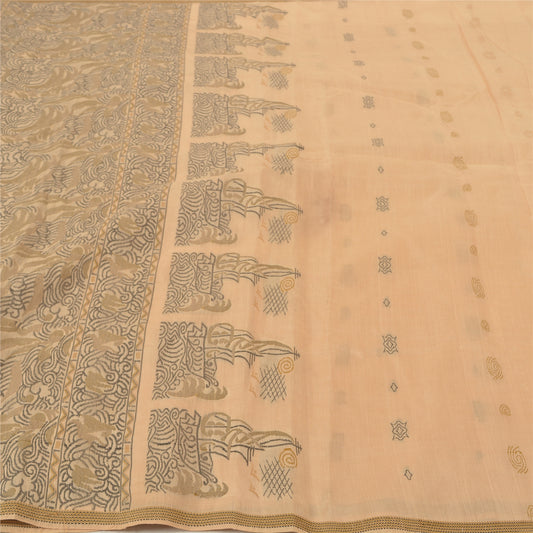 Sanskriti Vintage Beige Indian Sari 100% Pure Silk Woven Premium Sarees Sustainable Fabric