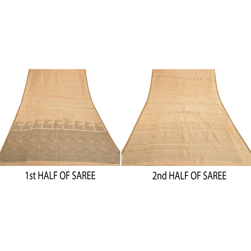 Sanskriti Vintage Beige Indian Sari 100% Pure Silk Woven Premium Sarees Sustainable Fabric