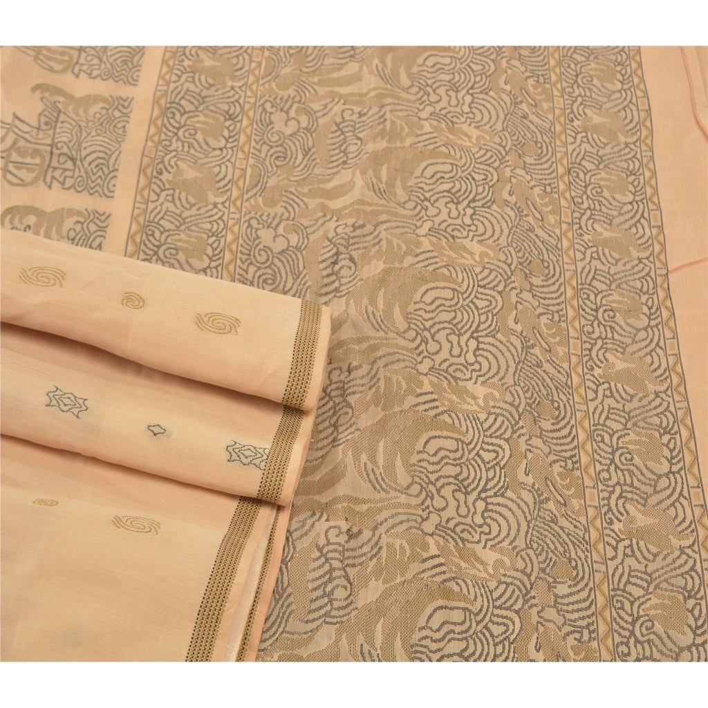 Sanskriti Vintage Beige Indian Sari 100% Pure Silk Woven Premium Sarees Sustainable Fabric