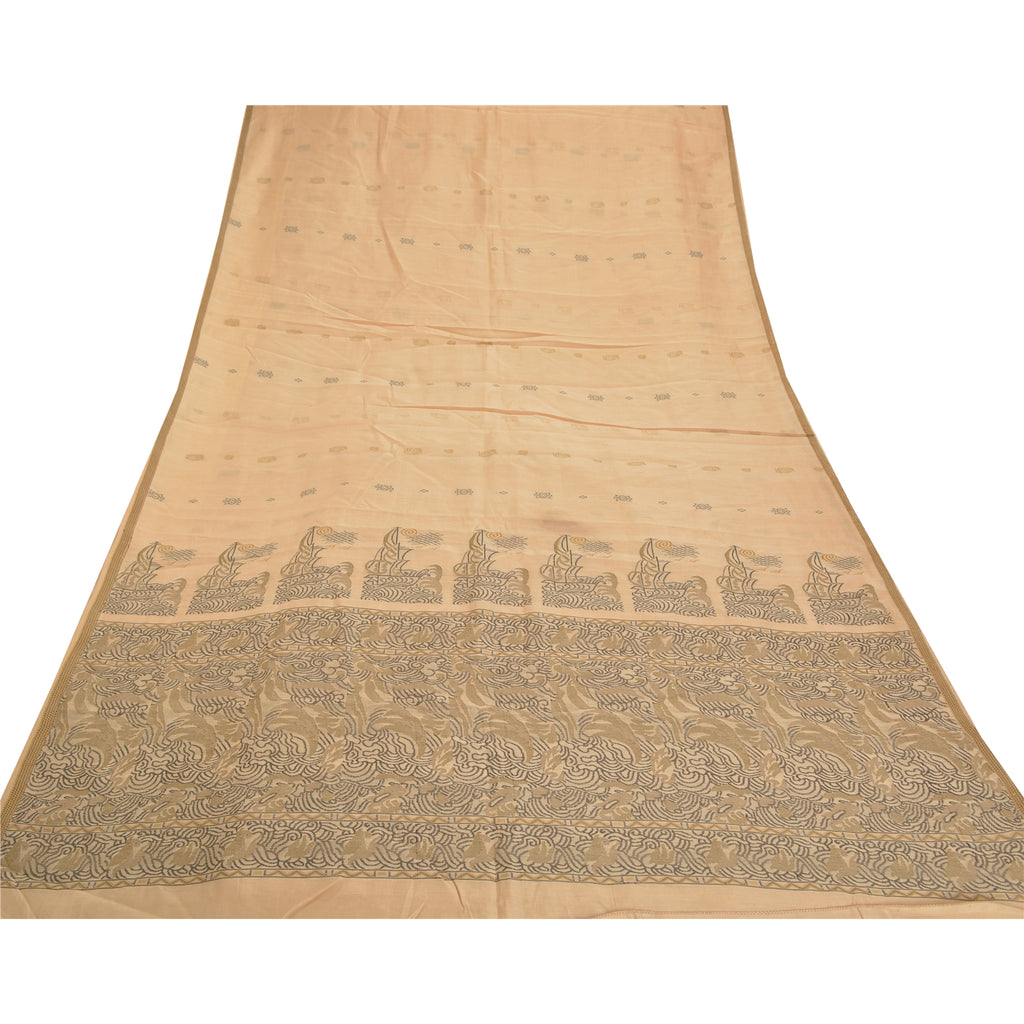 Sanskriti Vintage Beige Indian Sari 100% Pure Silk Woven Premium Sarees Sustainable Fabric