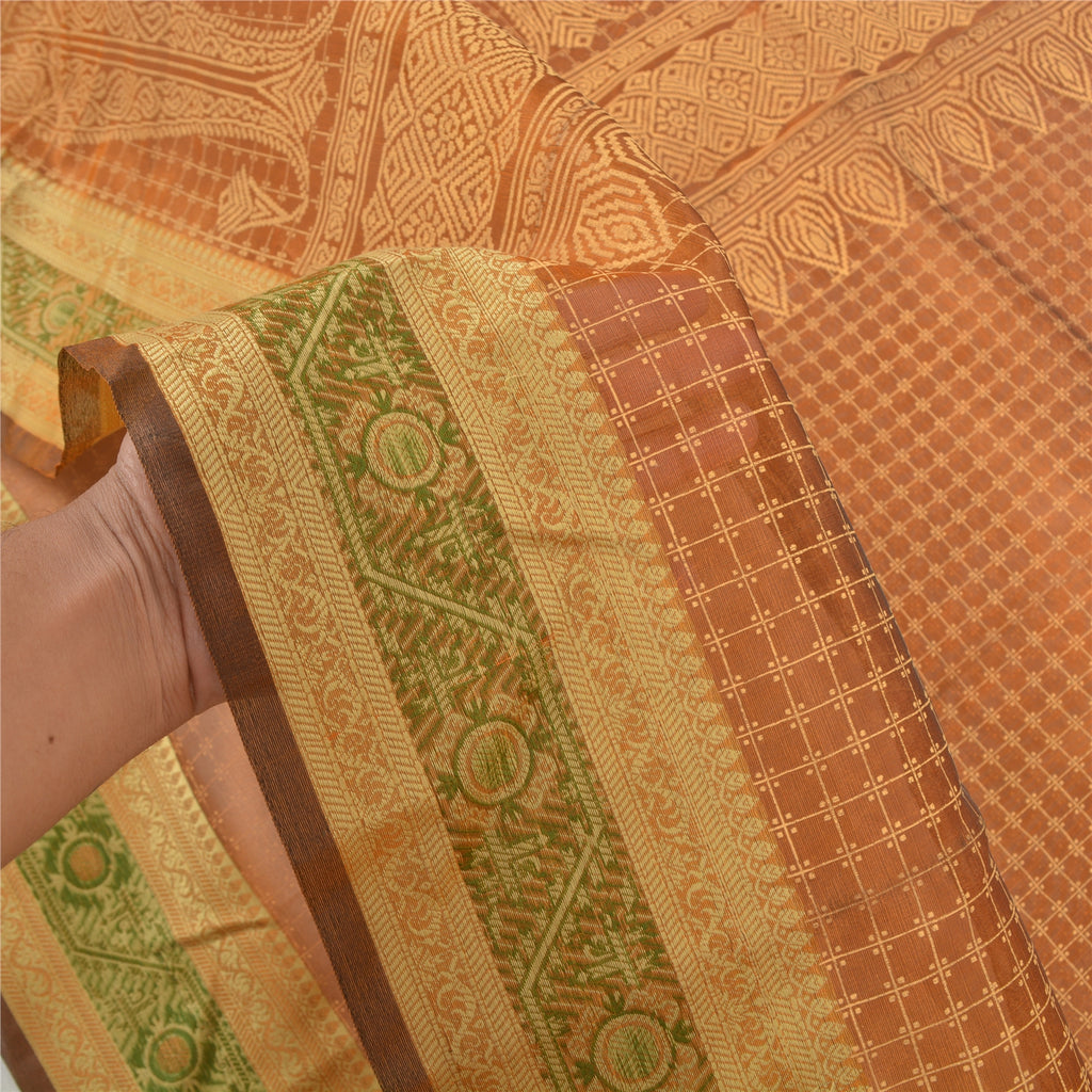 Sanskriti Vintage Rusty Brown Sarees 100% Pure Silk Painted Craft Sari Sustainable Fabric