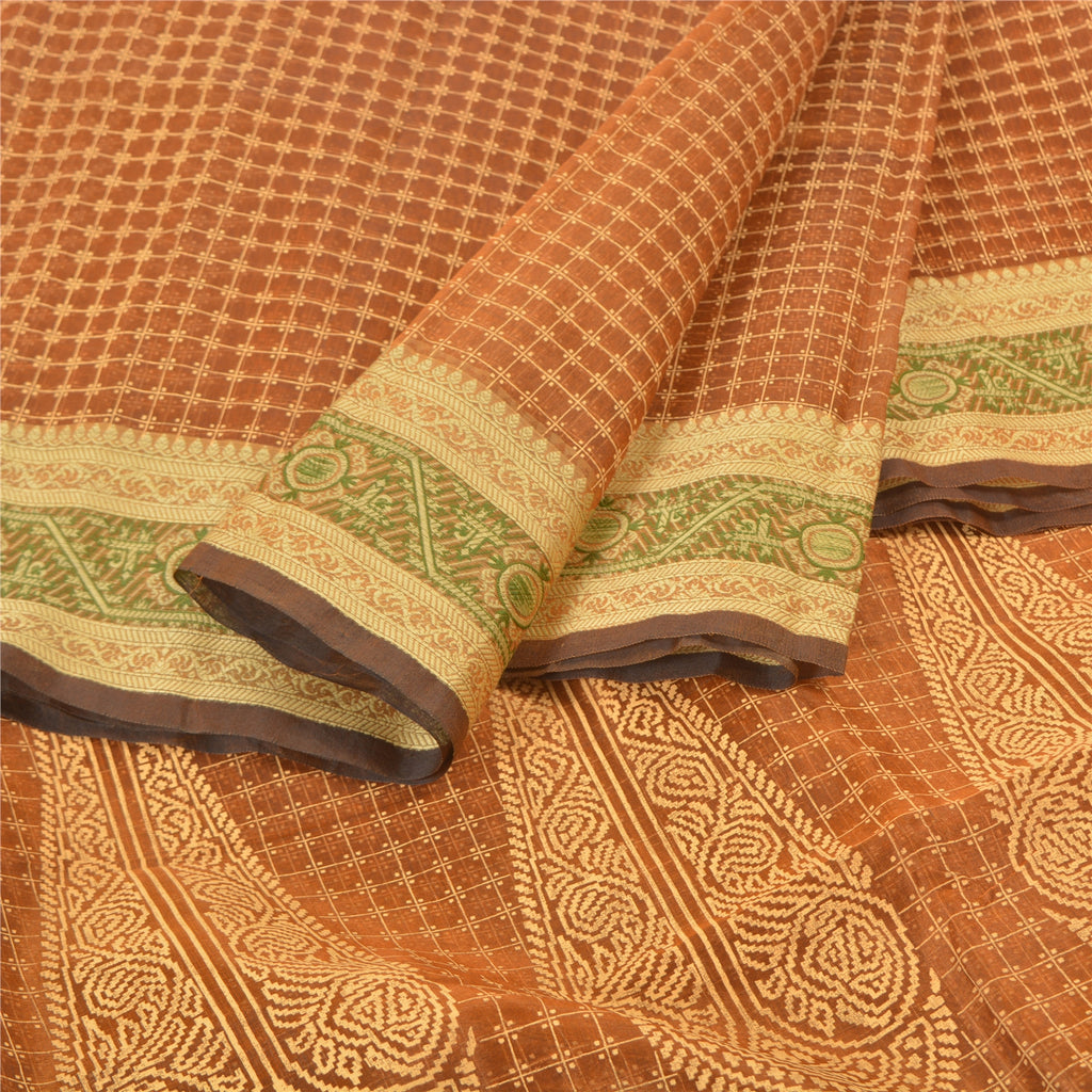 Sanskriti Vintage Rusty Brown Sarees 100% Pure Silk Painted Craft Sari Sustainable Fabric