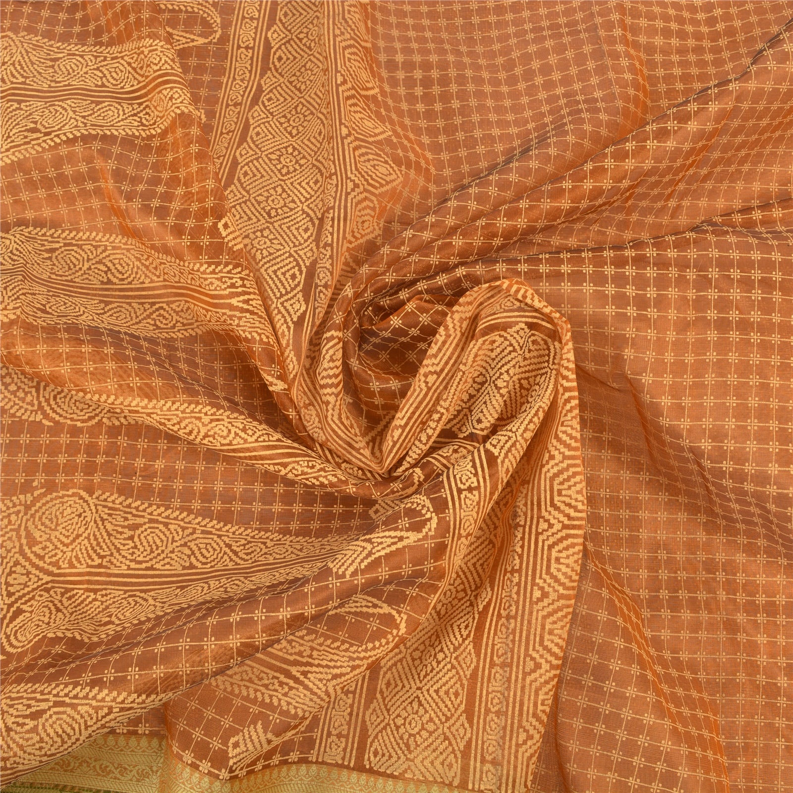 Sanskriti Vintage Rusty Brown Sarees 100% Pure Silk Painted Craft Sari Sustainable Fabric