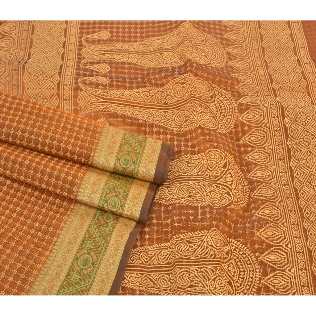 Sanskriti Vintage Rusty Brown Sarees 100% Pure Silk Painted Craft Sari Sustainable Fabric