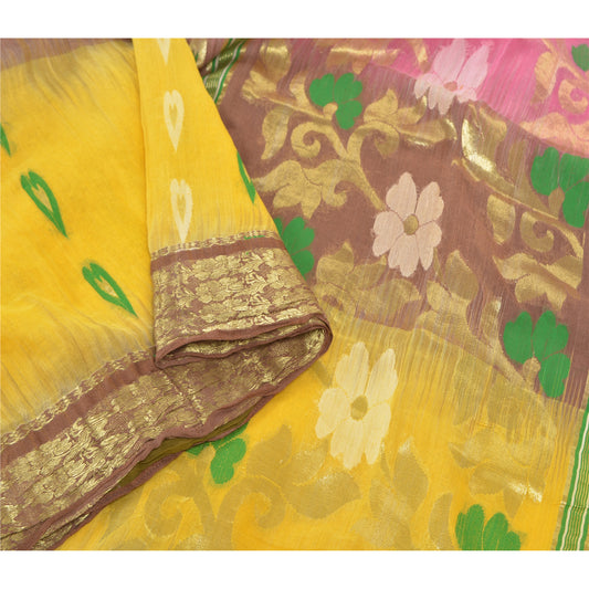 Sanskriti Vintage Yellow Sarees Blend Cotton Woven Sari Craft Premium Sustainable Fabric