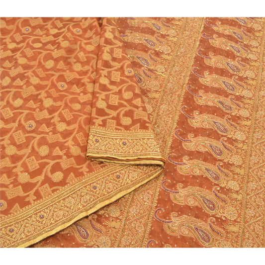 Sanskriti Vintage Orange Sarees Organza Hand Beaded Woven Ethnic Sari Sustainable Fabric
