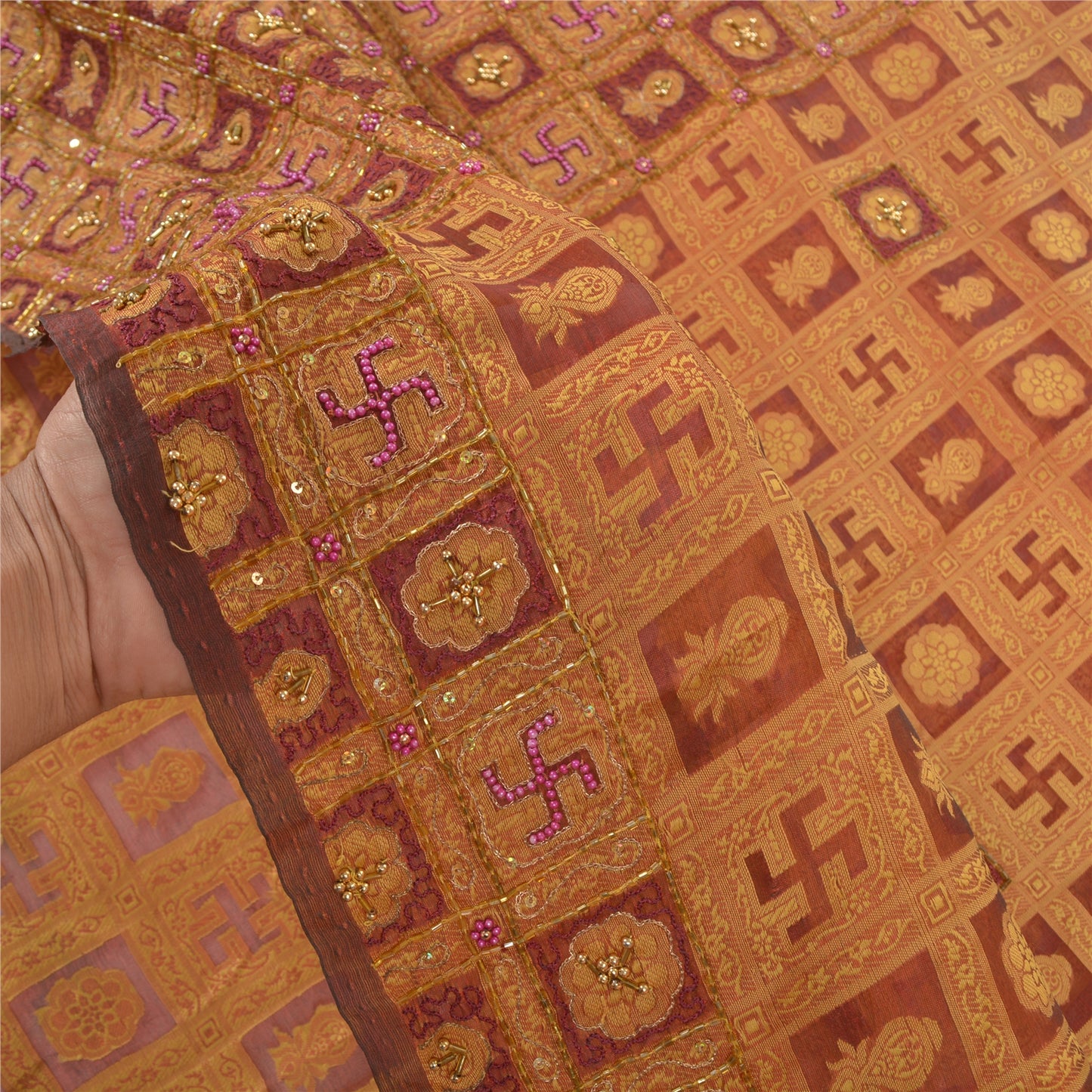 Sanskriti Vintage Sarees Pure Organza Silk Hand Beaded Woven Ethnic Sari Sustainable Fabric