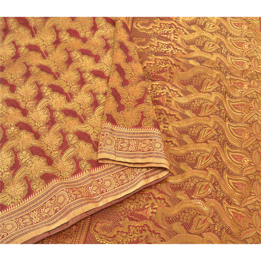 Sanskriti Vintage Red Indian Sarees Art Silk Woven Cultural Sari 5 Yard Sustainable Fabric