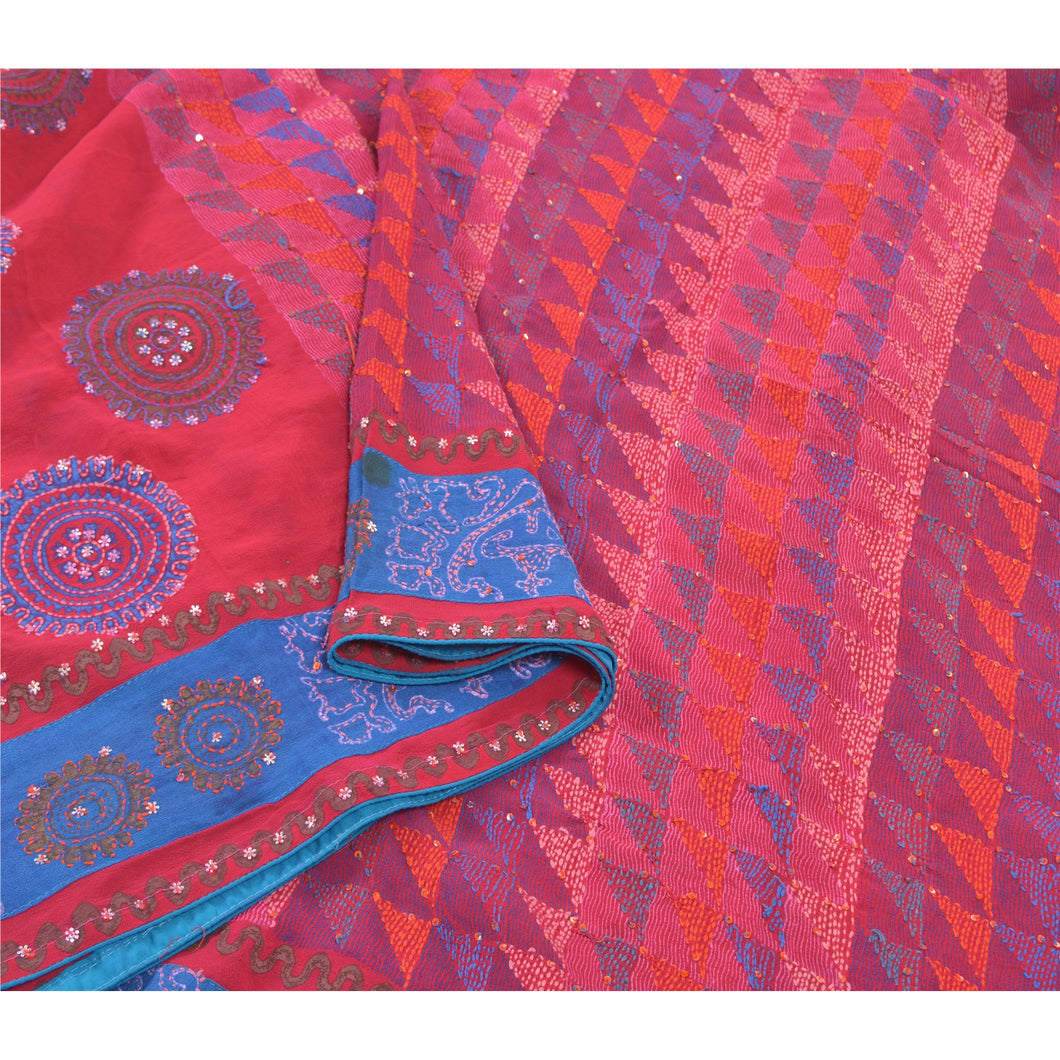 Sanskriti Vintage Pink Sarees Pure Georgette Silk Hand Beaded Kantha Sari Fabric