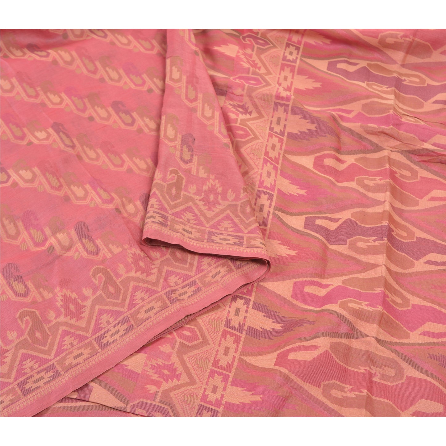 Sanskriti Vintage Pink Indian Sarees Pure Silk Handwoven Sari 5 Yard Sustainable Fabric