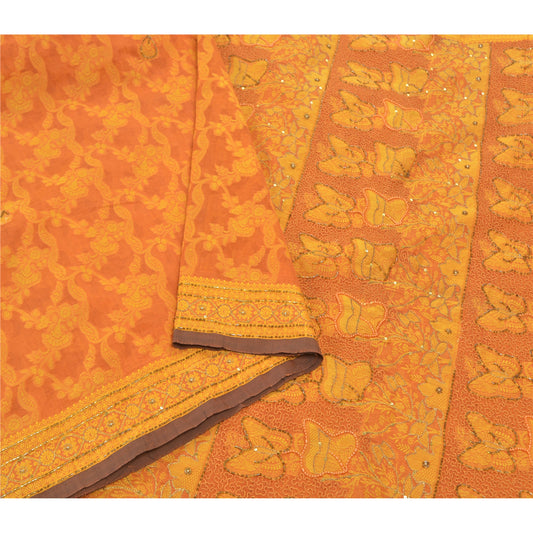 Sanskriti Vintage Orange Sarees Blend Silk Hand Beaded Woven Ethnic Sari Sustainable Fabric